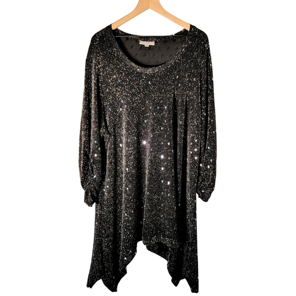 Avenue Tops - Elegant Black With Silver Sparkle & Sequin Top Size 26/28 VIP Knits By Avenue